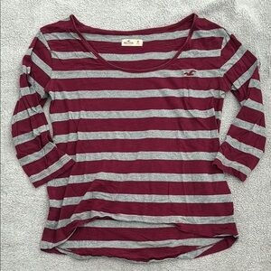 Hollister Women's Striped Maroon and Gray Top